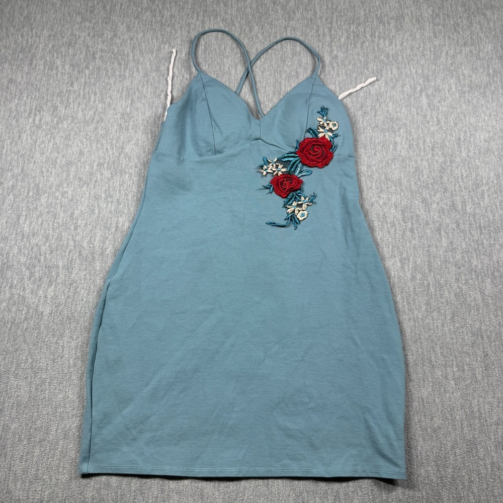 Beware! Dress Womens Teal Blue Floral Rose Embroidered Strappy Mini Bodycon Y2k